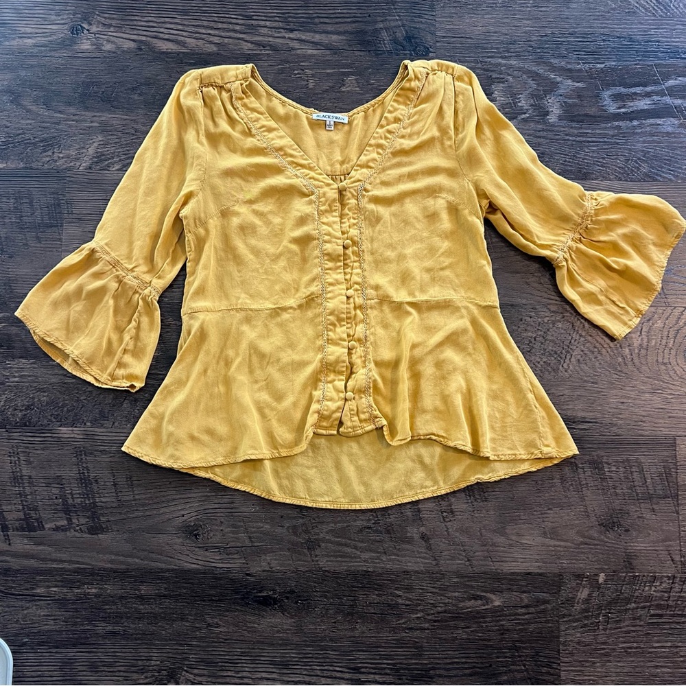 Black swan mustard Yellow Ruffled Women's Top peasant long sleeve blouse small